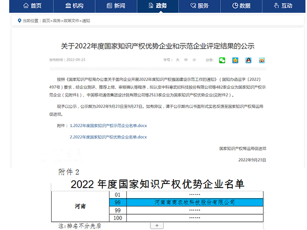 喜訊！南商農(nóng)科榮譽登榜2022年度國家知識產(chǎn)權(quán)優(yōu)勢企業(yè)名單